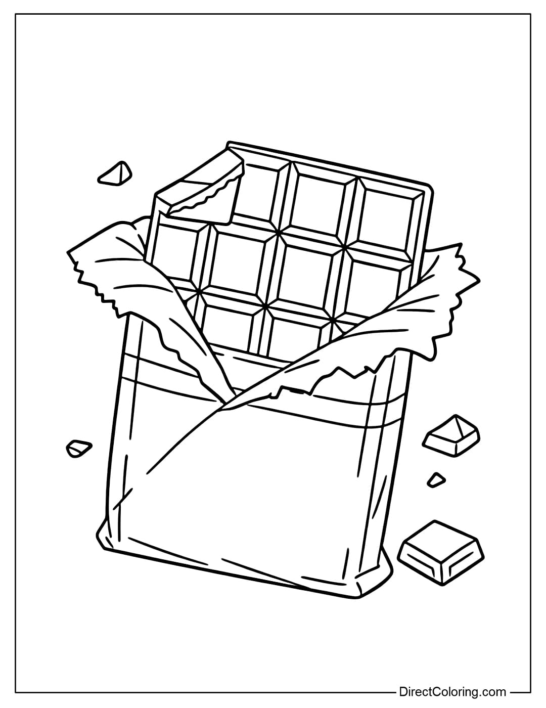 A coloring page of a chocolate bar being unwrapped, with the paper wrapping opening to reveal the chocolate bar inside, a corner of the chocolate sticking out.