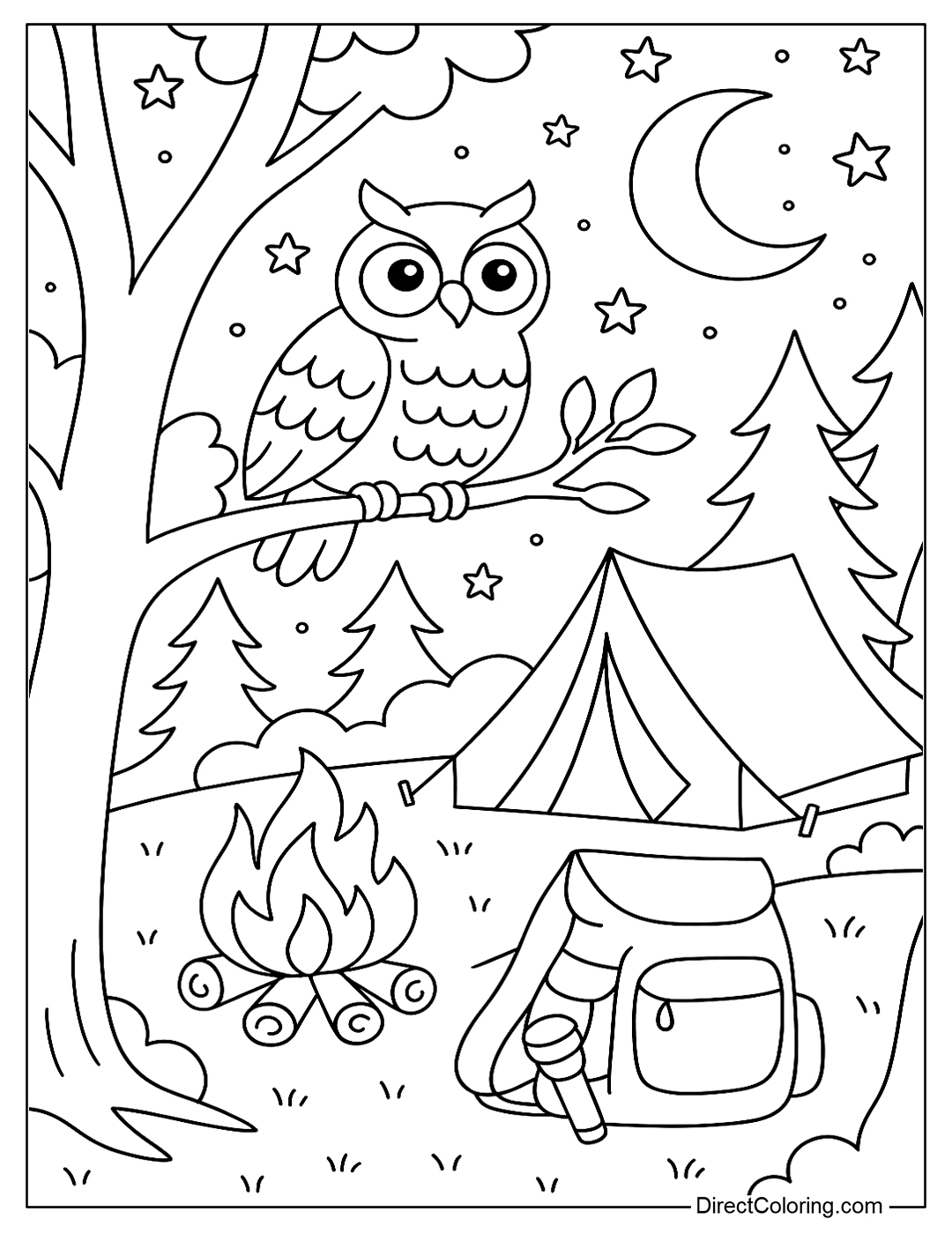 a coloring page of an owl on a tree branch looking down at the campsite at night