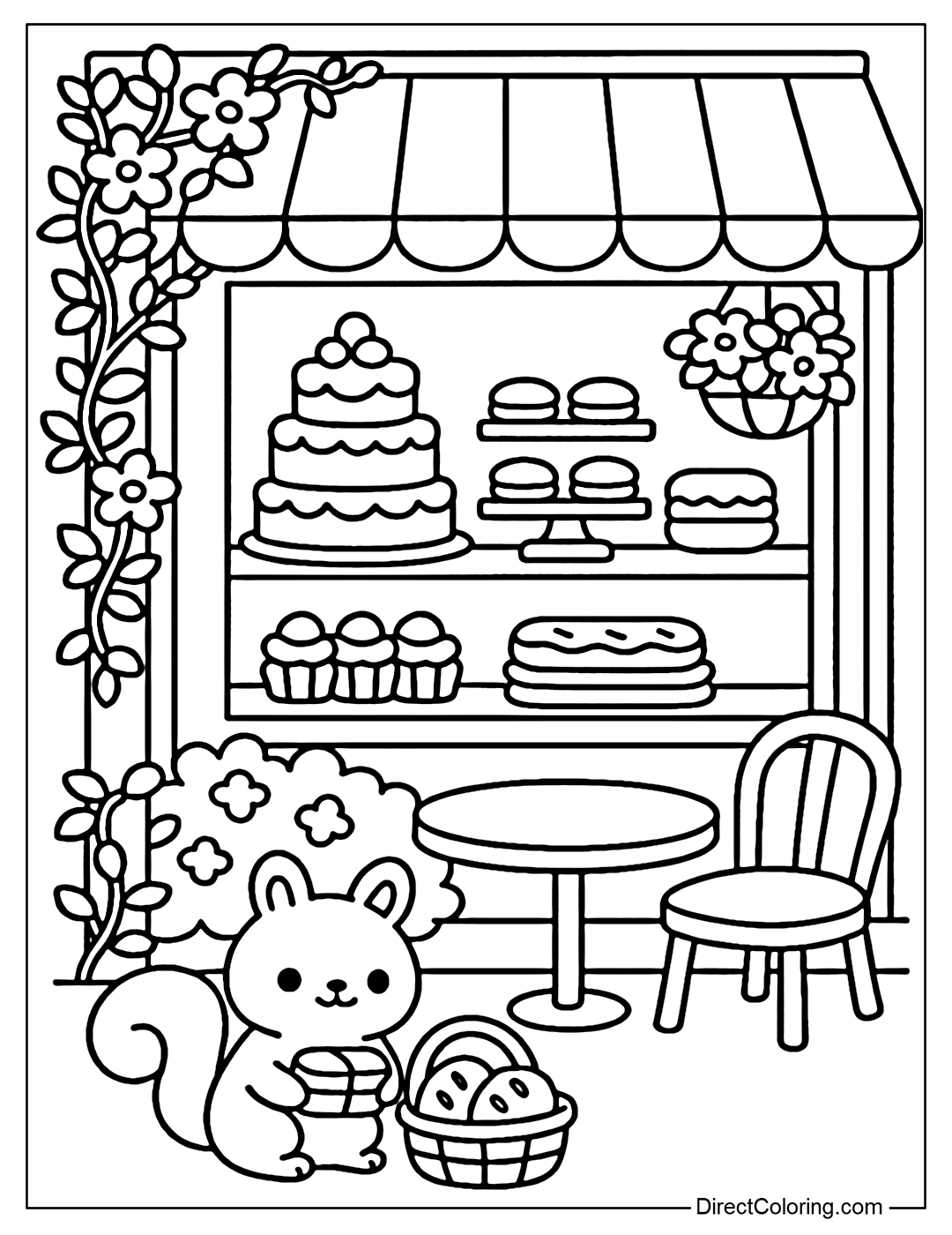 Coloring page of a bakery facade front view close up, large glass window with multi-tiered cakes, macarons, eclairs; outside the porch there are flower trellises and a coffee table; a baby squirrel sits next to a basket of cakes.