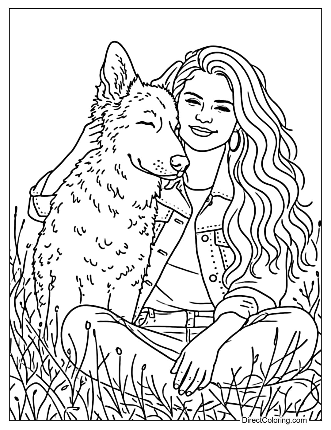 A coloring page of Selena Gomez sitting in a grassy field next to a large German Shepherd.
