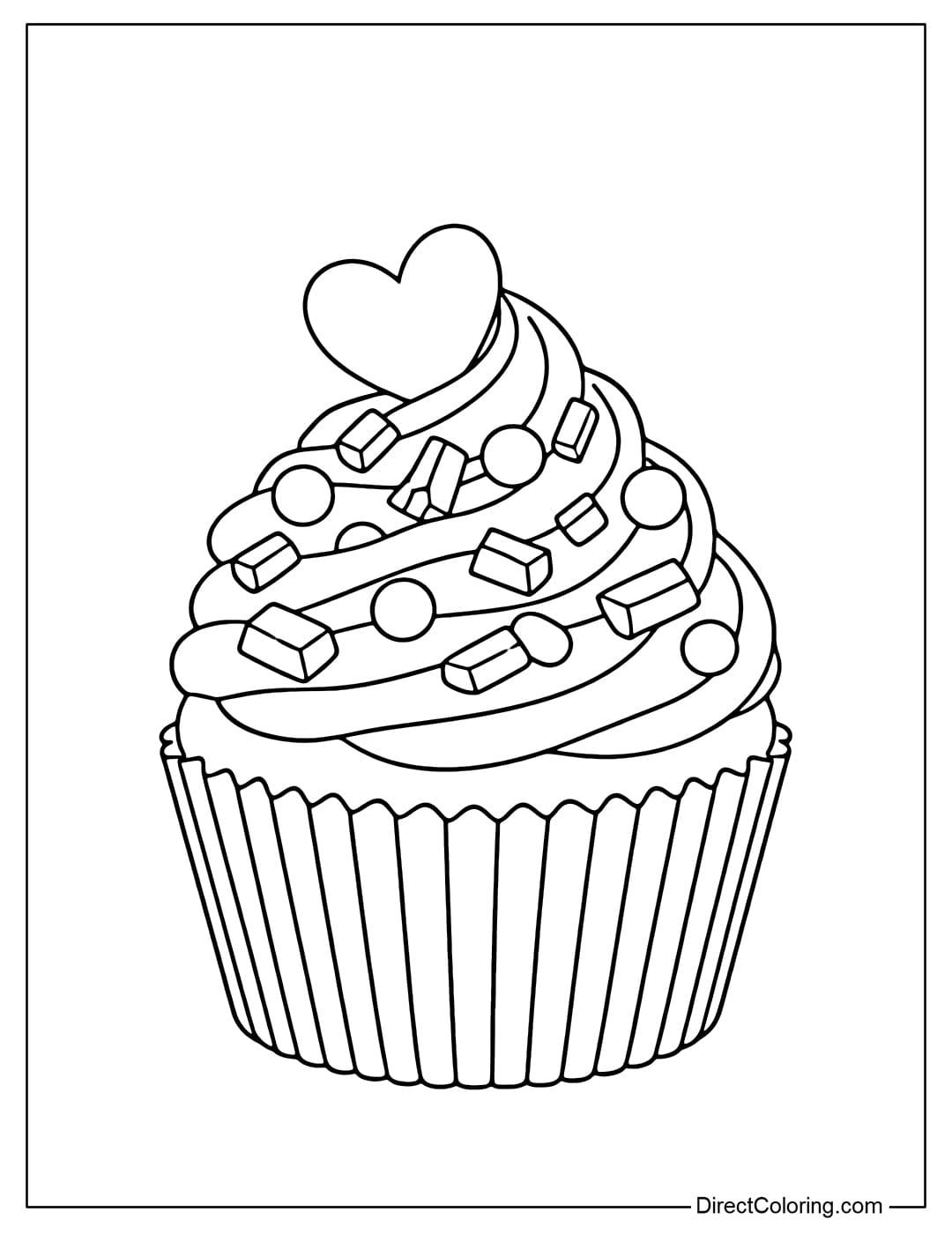 Coloring page with cupcakes topped with chocolate frosting, decorated with chocolate chips, small candies, and hearts.