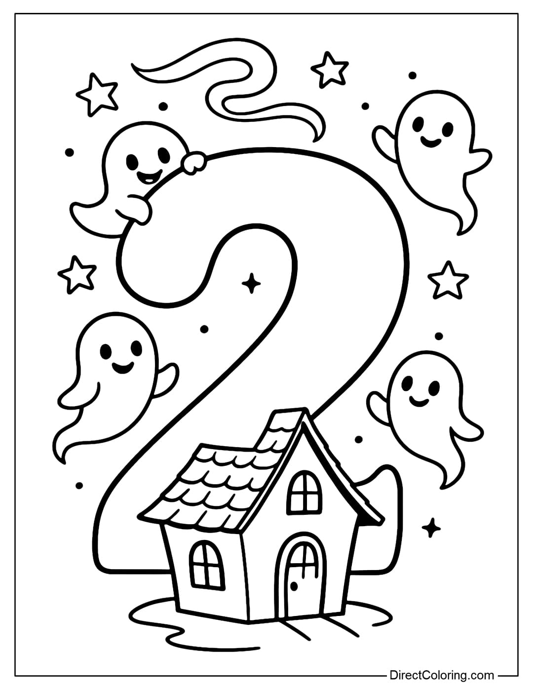 Halloween number 2 coloring page has a small, tilted haunted house at the foot of the number. Surrounded by flying ghosts.
