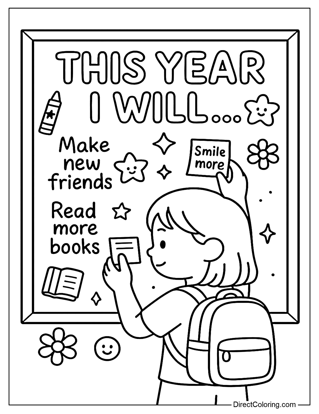 A coloring page of a class board with the words This Year I Will... in the middle, surrounded by small goals written in cute handwriting, decorated with crayons, flowers, and stickers.
