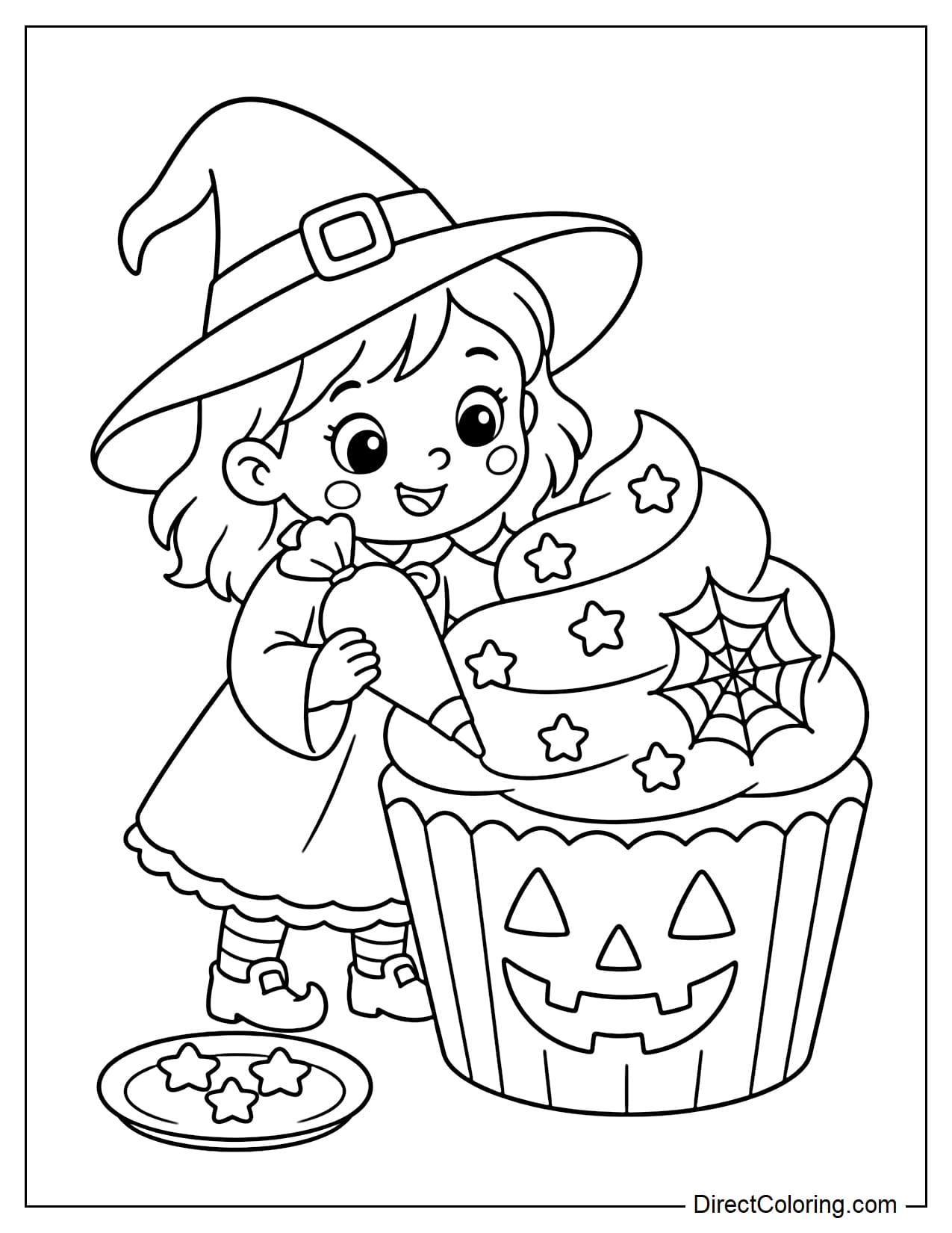 A little witch holds a piping bag to decorate a giant Halloween cupcake, which is topped with a large swirl of frosting, star-shaped candies, and a spiderweb.