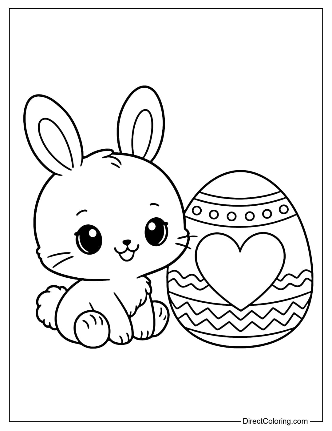 A super round, baby-sized Easter bunny coloring page, sitting next to a heart-shaped egg.
