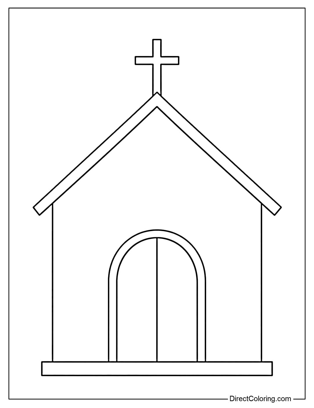 Church coloring page with minimalist design including only roof, door and cross.