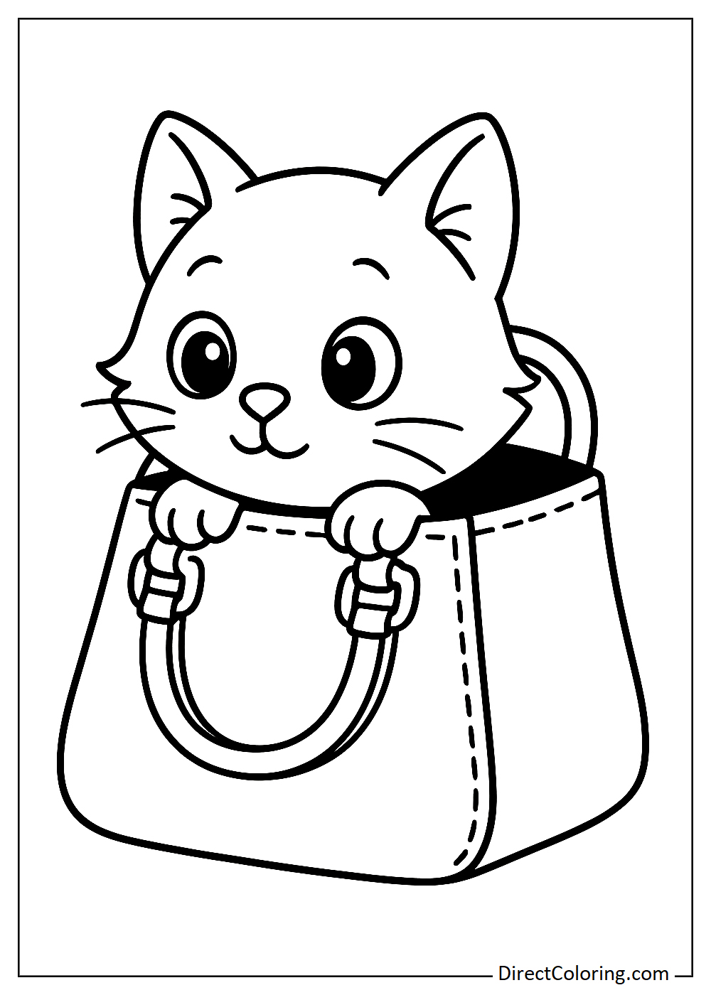 Cat hiding in a handbag coloring sheet