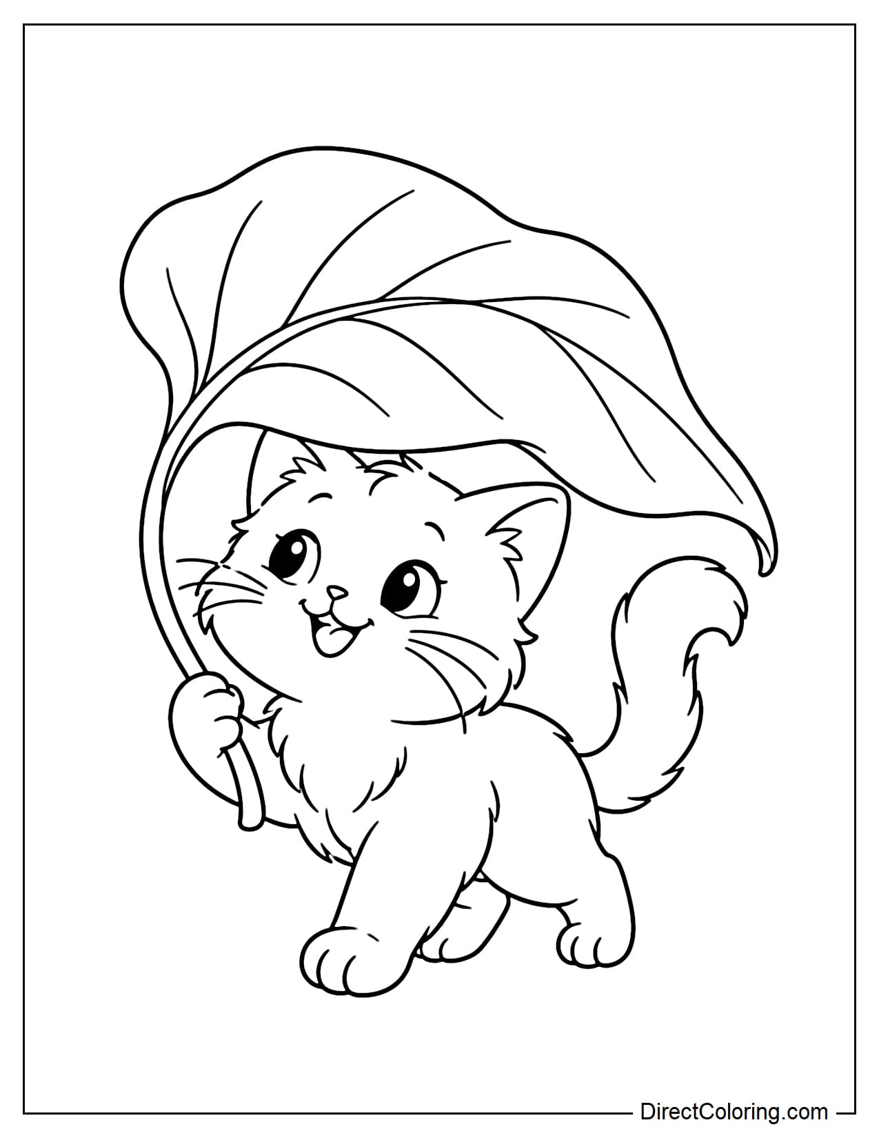A cute kitten walks beneath a giant leaf held above its head like a natural umbrella.