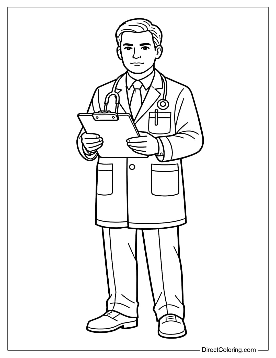 A coloring page of a doctor holding a clipboard with both hands, standing straight, with a serious expression.