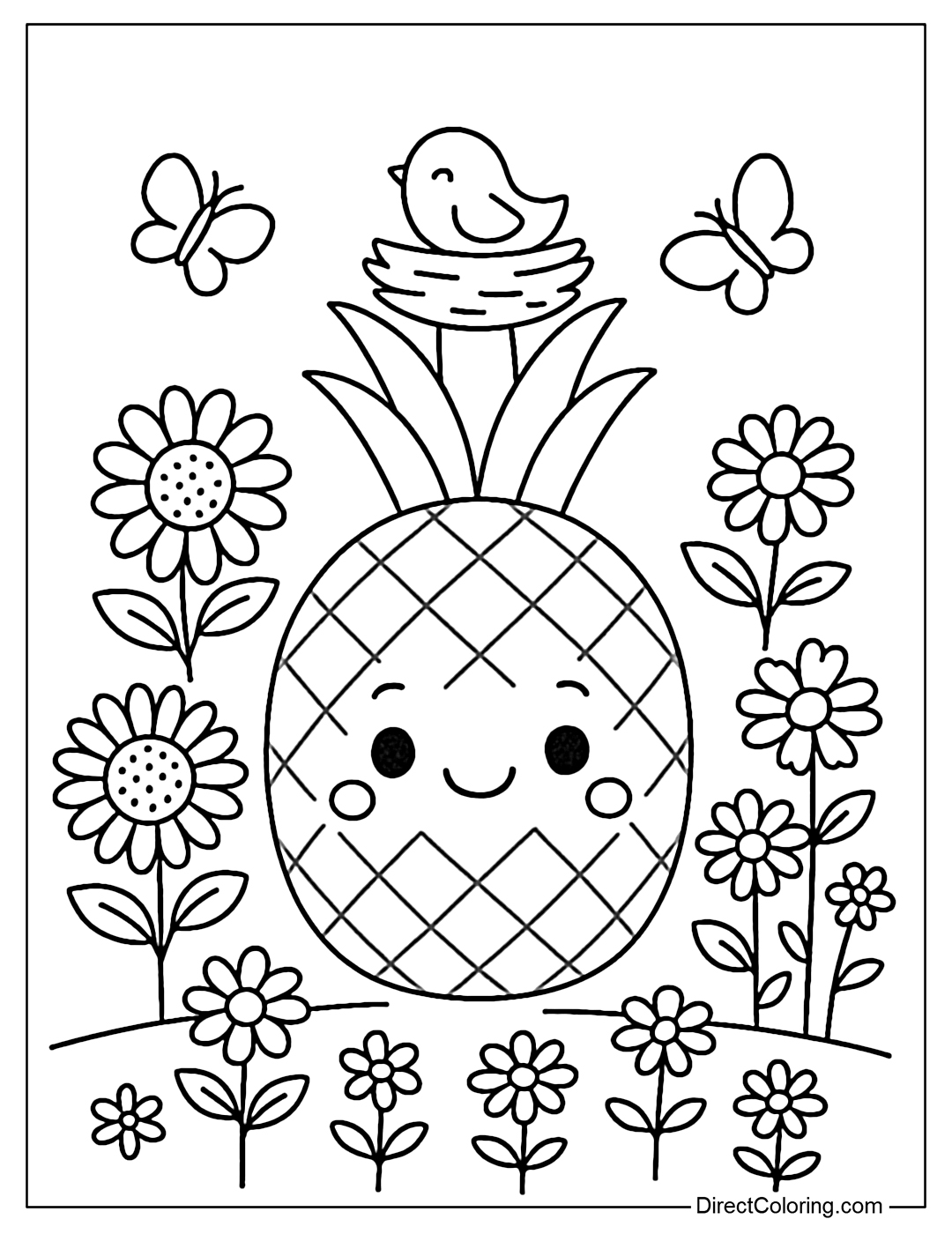 Coloring page of a pineapple lying in the middle of a field of sunflowers and daisies, there is a small bird's nest perched on the top of the pineapple, a few butterflies flying around.