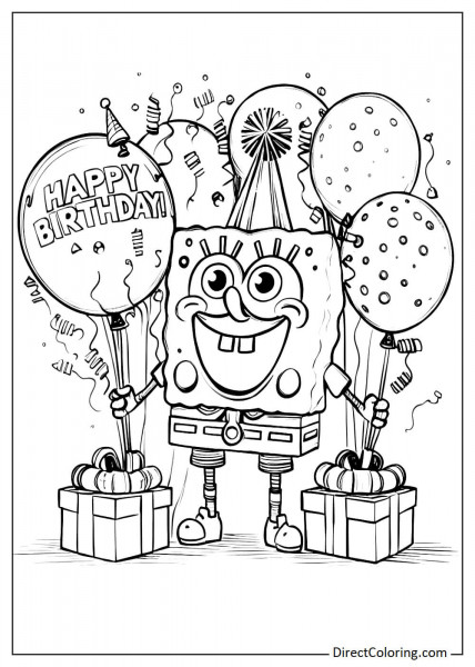 SpongeBob with birthday balloons coloring page