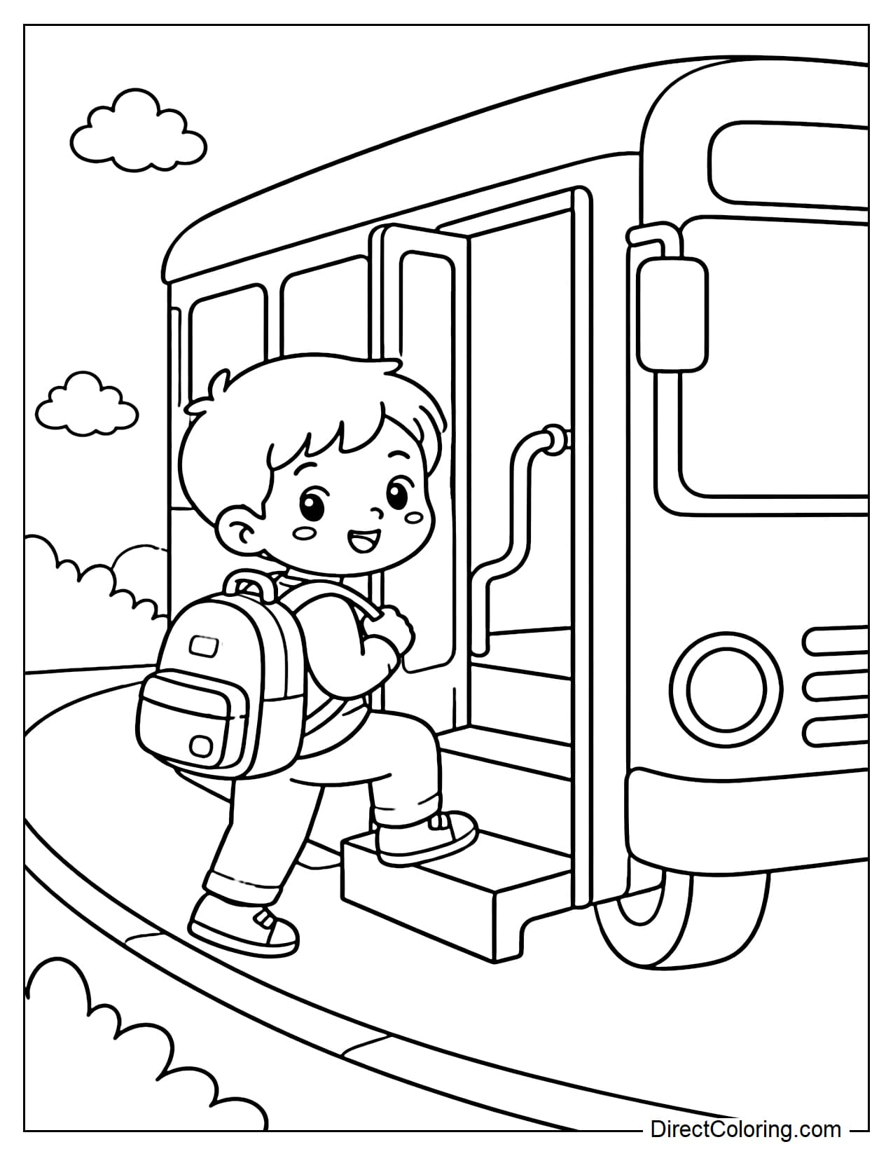 A student boards the bus using a ladder, backpack on his shoulder.