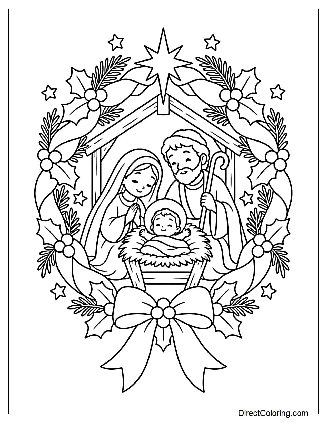 A miniature Holy Family scene in the center of a large Christmas wreath, featuring Baby Jesus in the manger with Mary and Joseph beside him.