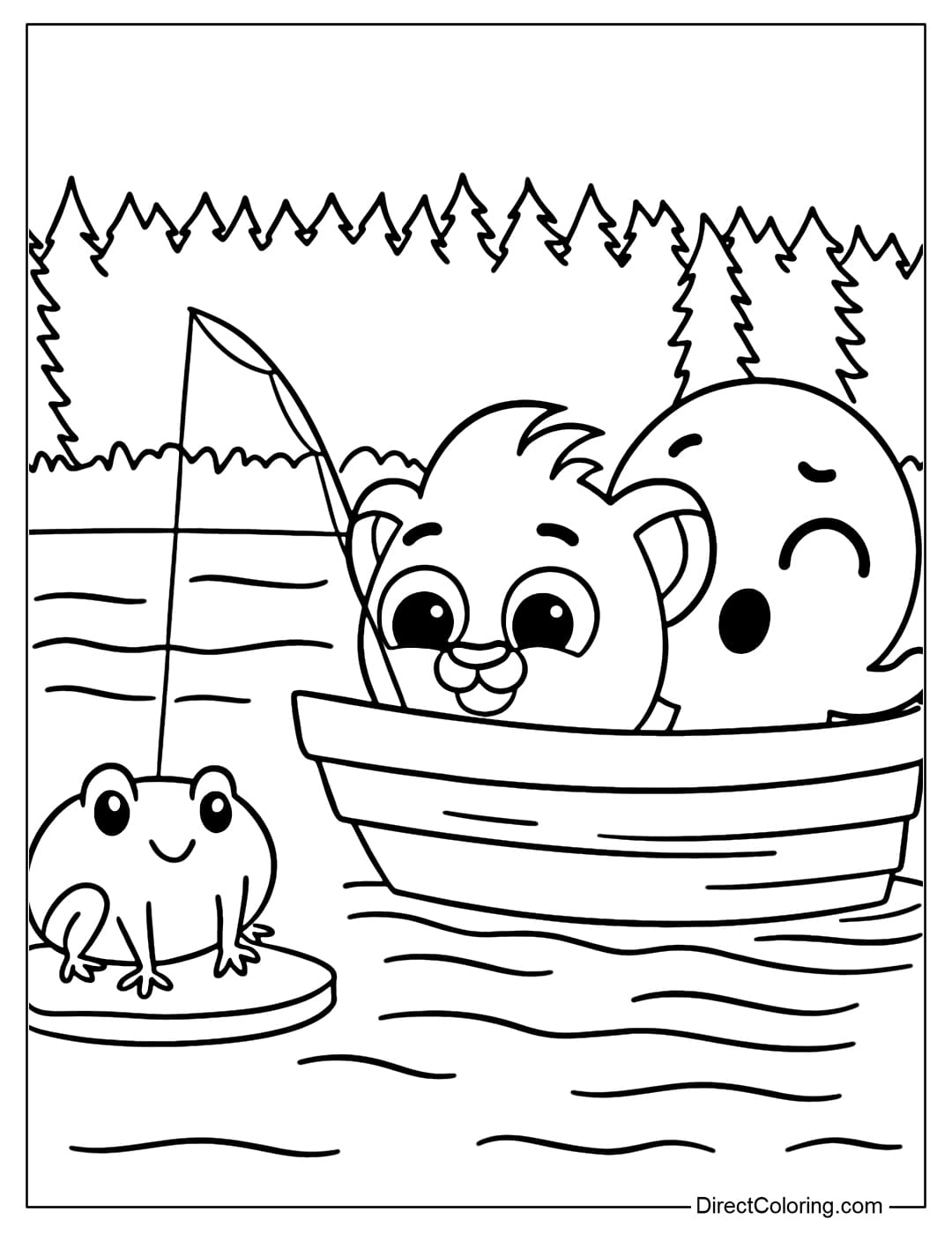 Coloring Page Rick the lion and Pow the octopus are sitting in a small boat on the lake fishing.
