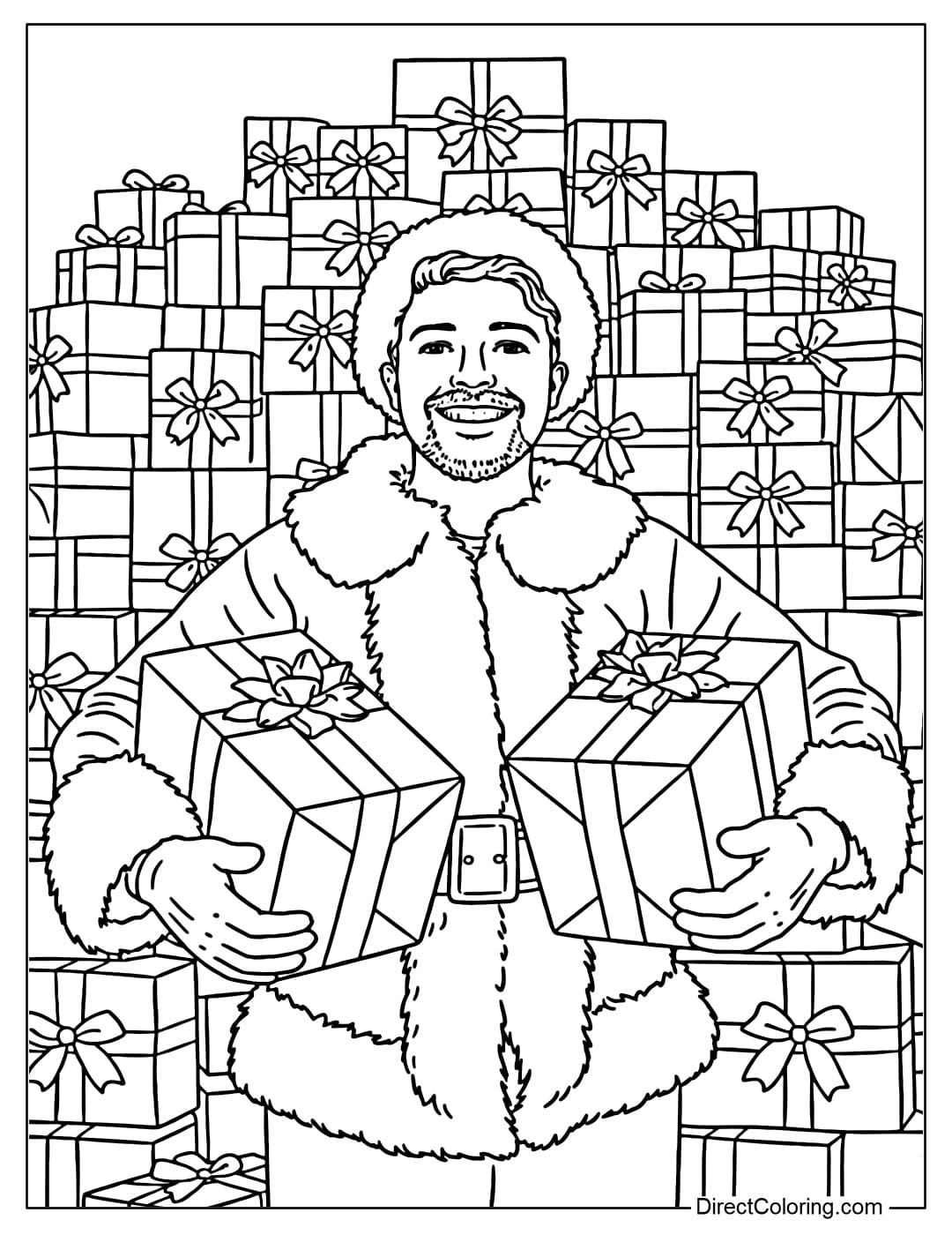 Mr. Beast is smiling broadly in a traditional Santa Claus costume, holding two large gift boxes in his arms, with a wall of gift boxes behind him.