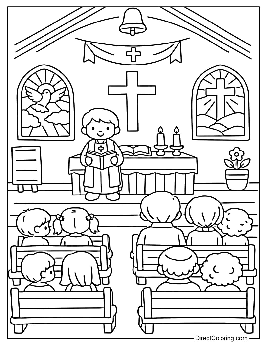 A coloring page of a church service scene with people sitting on pews.