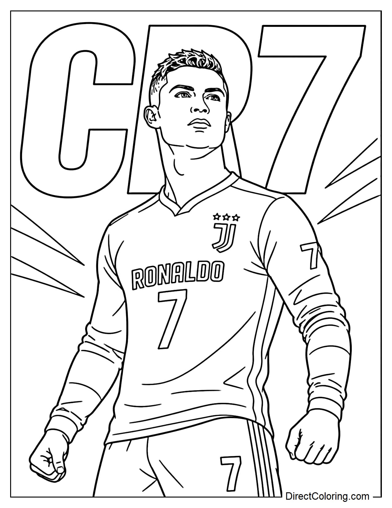 Cristiano Ronaldo in a powerful pose, half-body, standing tall and confident with a determined gaze, behind him is the large CR7 logo, designed in poster style.