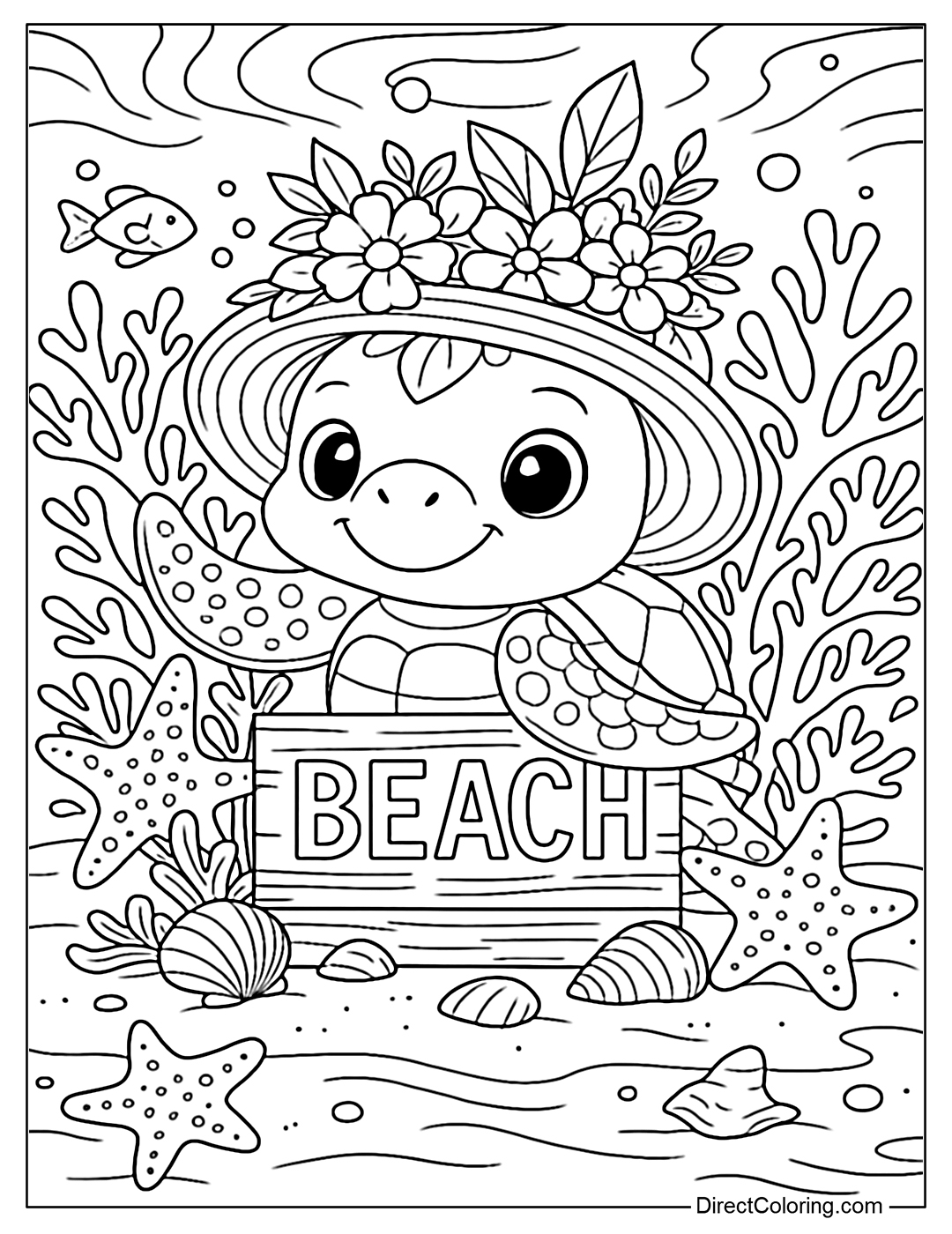 A lovely turtle coloring page wearing a straw hat full of flowers, lying among coral and starfish, with a wooden board with the word BEACH in front, surrounded by seashells and water bubbles.