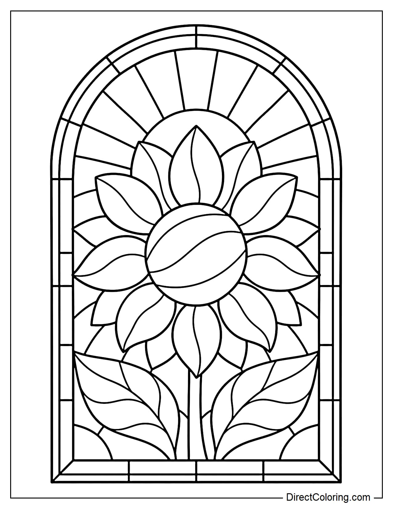 A tall, arched stained glass window featuring a giant sunflower in the center. Its broad petals are divided into large glass sections, with fan-shaped sun rays spreading out behind it.