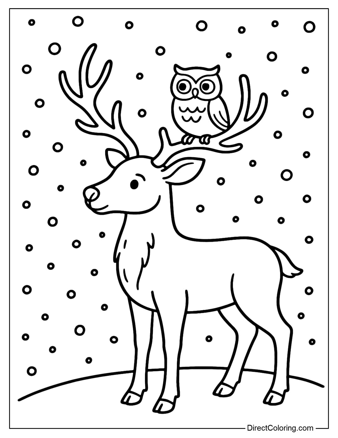 Reindeer and Owl Coloring Page A reindeer coloring page standing on the snow, with a small owl perched on its horn.