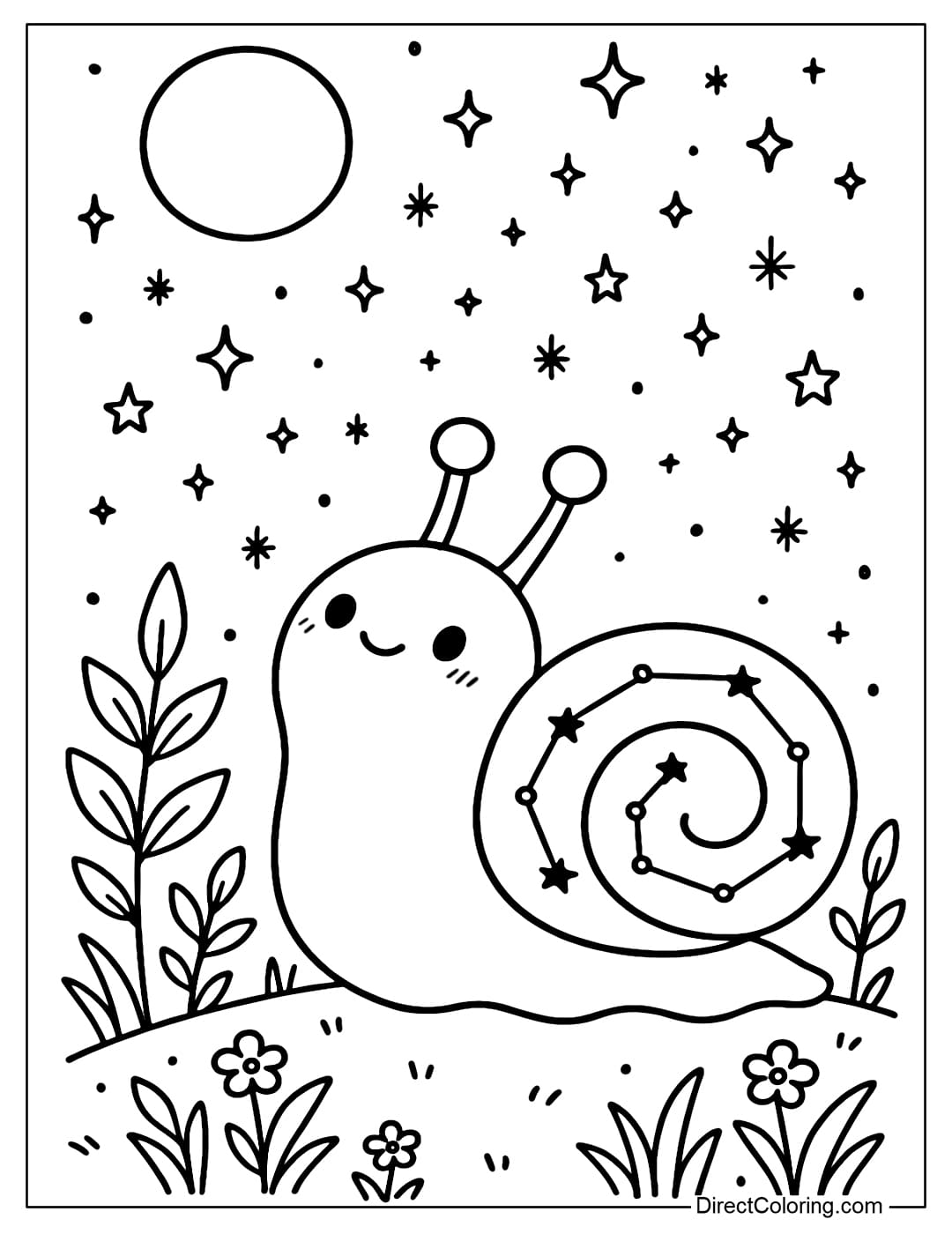 Coloring page of a snail looking up at the starry sky, its shell has a constellation pattern.