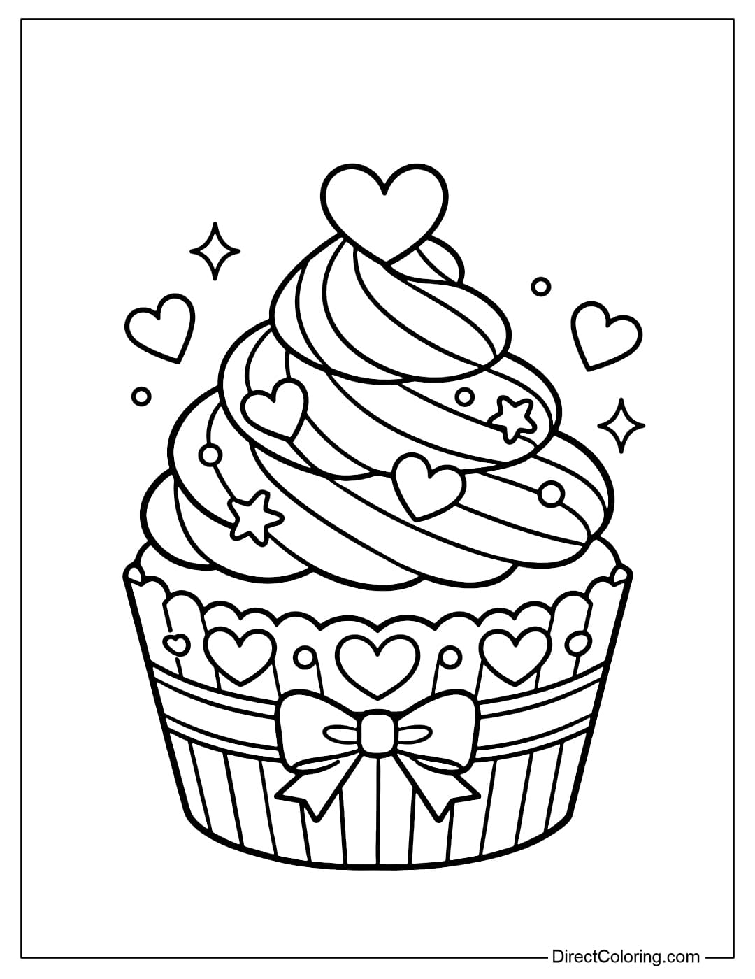 A coloring page of a Valentine's Day cupcake with soft swirls of frosting and a small heart on top, sweet and charming.