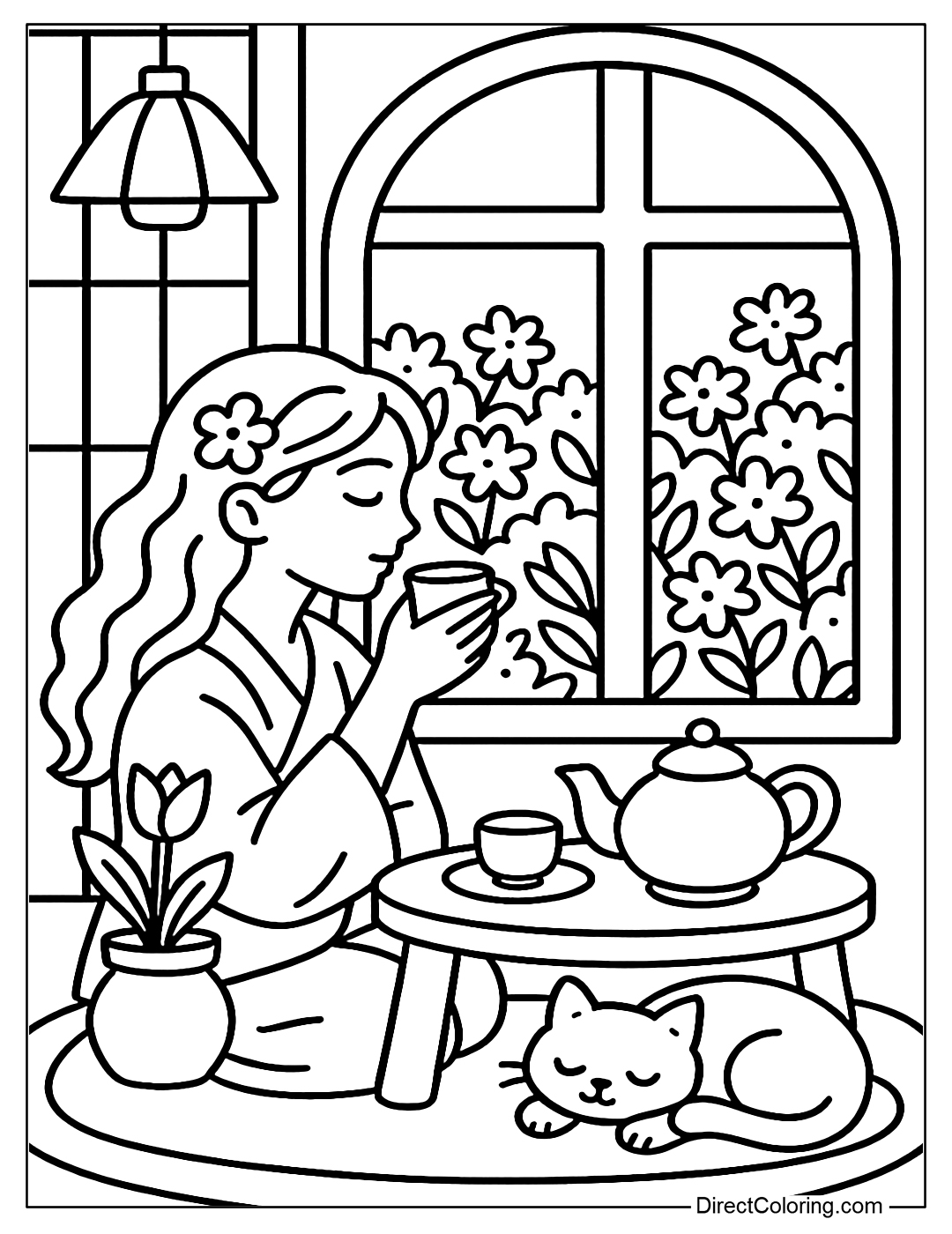 A coloring page of a girl sitting drinking tea by a large window in the house, outside the window is a blooming flower garden, there is a cat lying next to it, a tea table with a teapot and teacups.