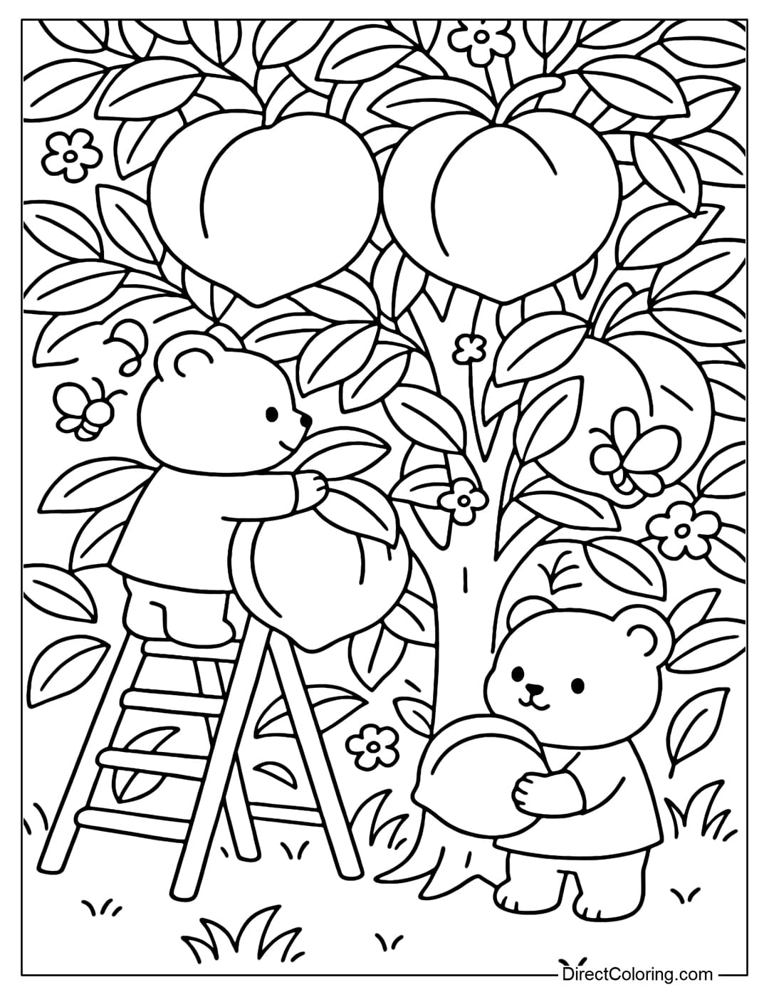 A peach harvest coloring page, little bears stand on a ladder to pick fruit, bees and butterflies fly around, leaves and flowers fill the edges.