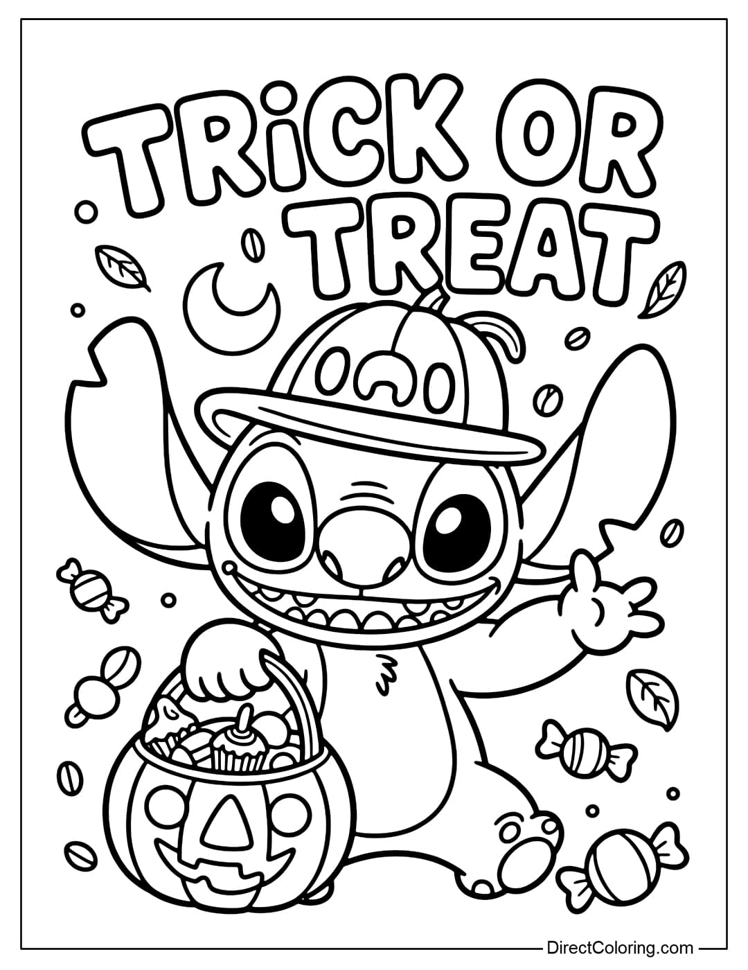 The coloring page shows Stitch wearing a pumpkin hat, holding a pumpkin-shaped candy basket full of sweets. Above his head is the word Trick or Treat.