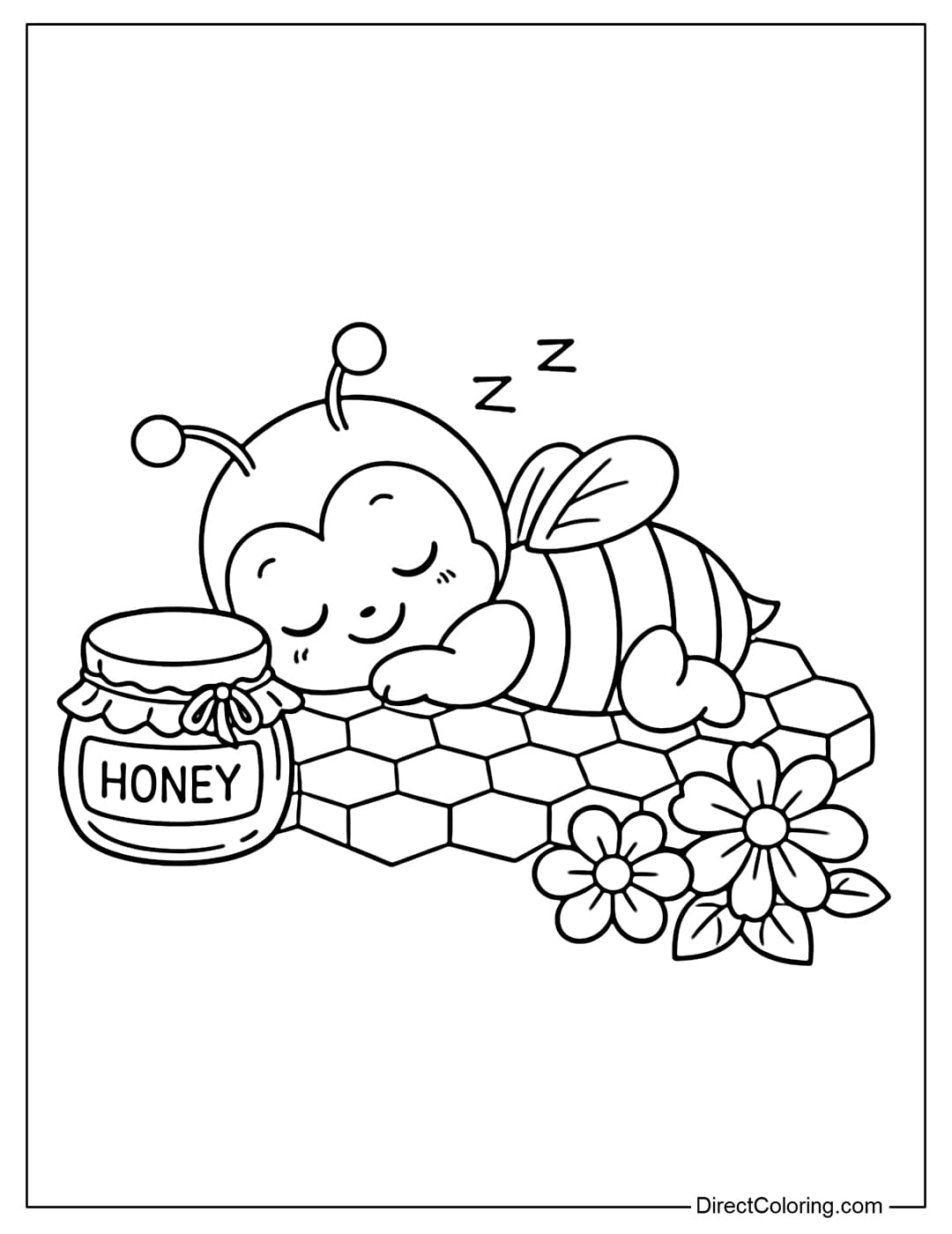 A coloring page of a baby bee sleeping soundly on the surface of a honeycomb, next to a small jar of honey and some flowers.