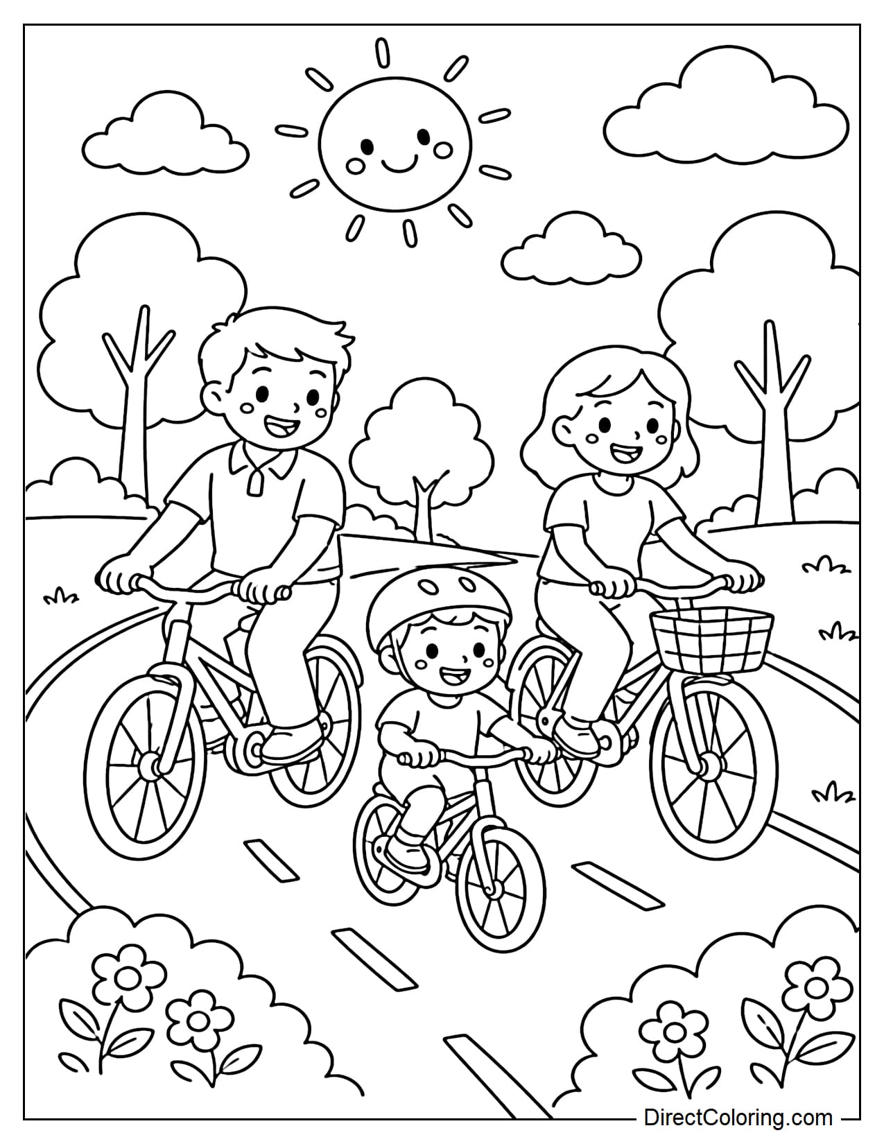 The whole family rides bikes together along a wide path in the park. Above them are the sun, clouds, and a few round trees.