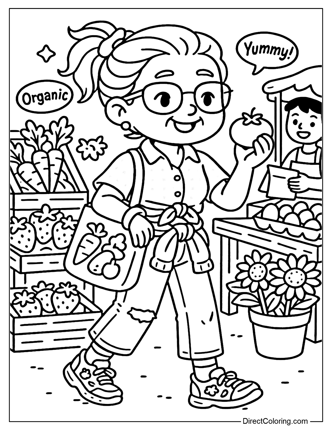 Coloring page Grandma is walking through the bustling outdoor farmers market, carrying a canvas tote bag printed with vegetables in her left hand, and holding a tomato she just picked in her right hand.