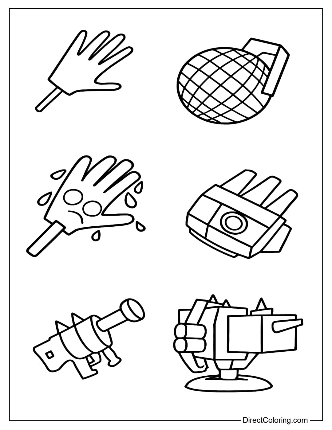 Coloring page of Slap, Boogie Bomb, Web Slinger, Alien Slap, Candy Sentry, Candy Launcher items in Steal a Brainrot Roblox game.