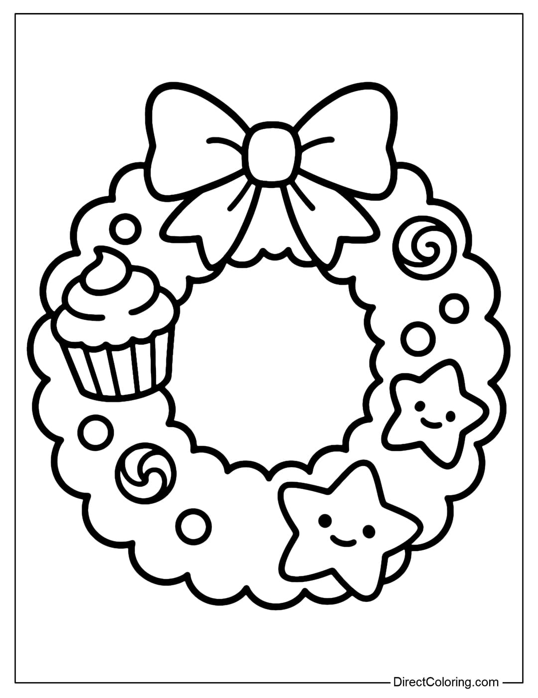 Cupcake and Cookie Wreath Coloring Page A wreath coloring page decorated with cupcakes, cookies and round candies, and a big bow.