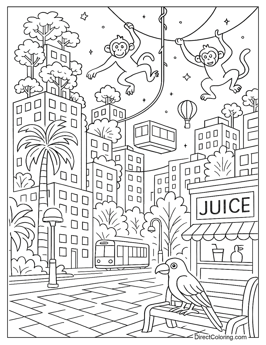 A modern metropolis with buildings covered in trees, like a tropical forest coloring
