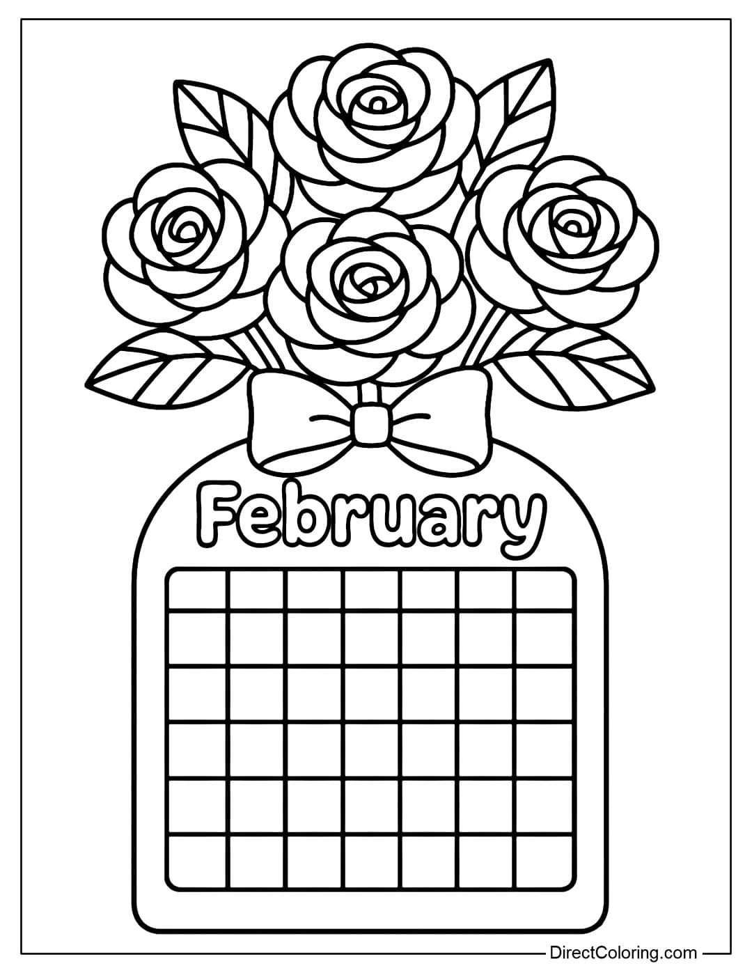 February&nbsp;calendar coloring page features a rounded calendar frame at the bottom and a large bouquet of roses at the top.