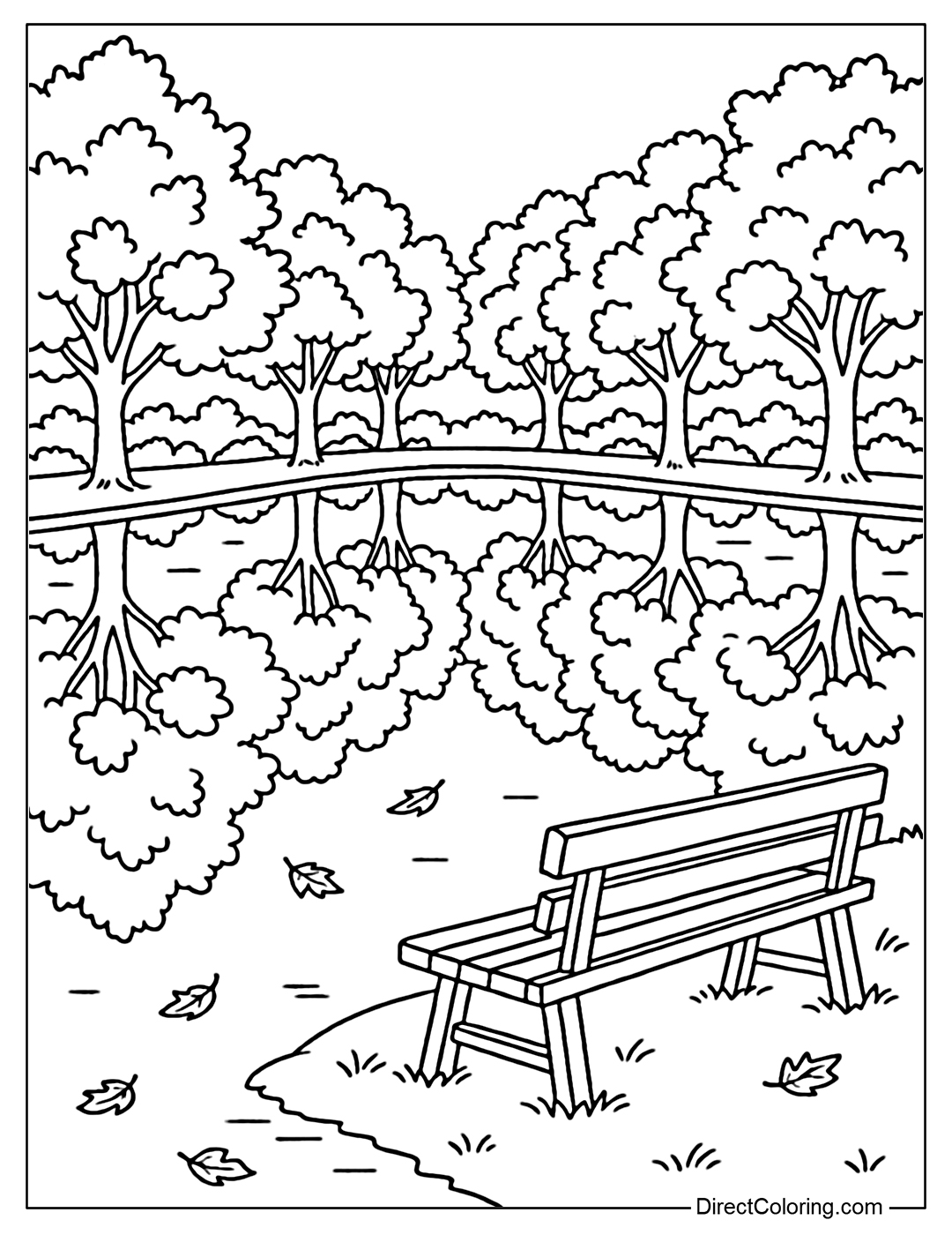 Coloring page of a still lake, a row of trees reflecting, a wooden bench, a few fallen leaves on the water.
