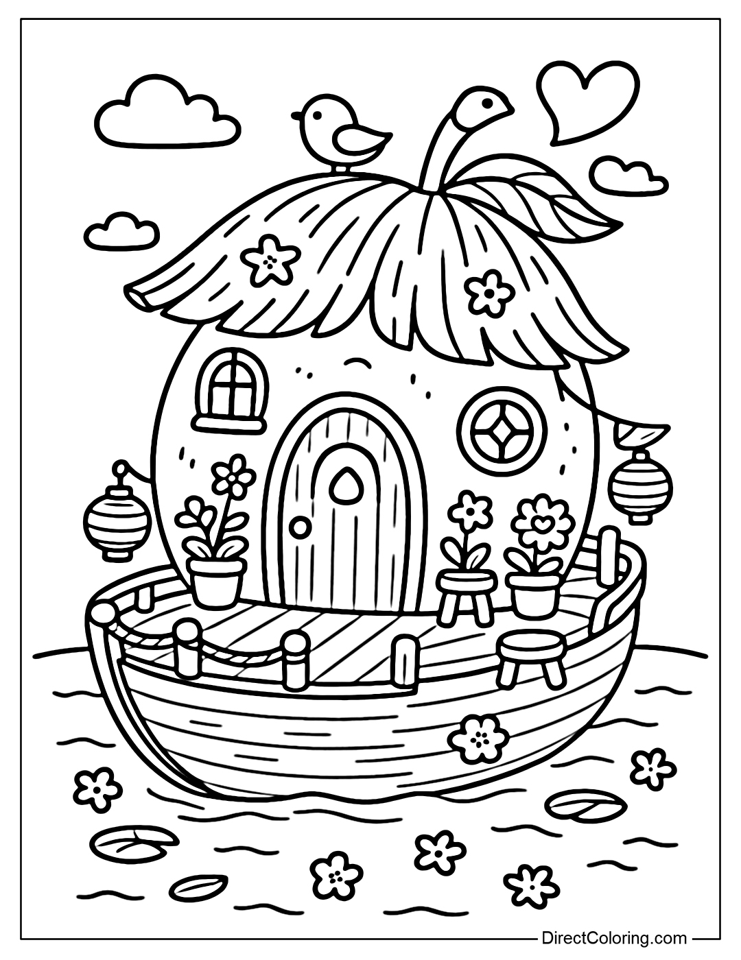 The mango house coloring page is designed like a boat, with a curved roof and a board walk around the house.