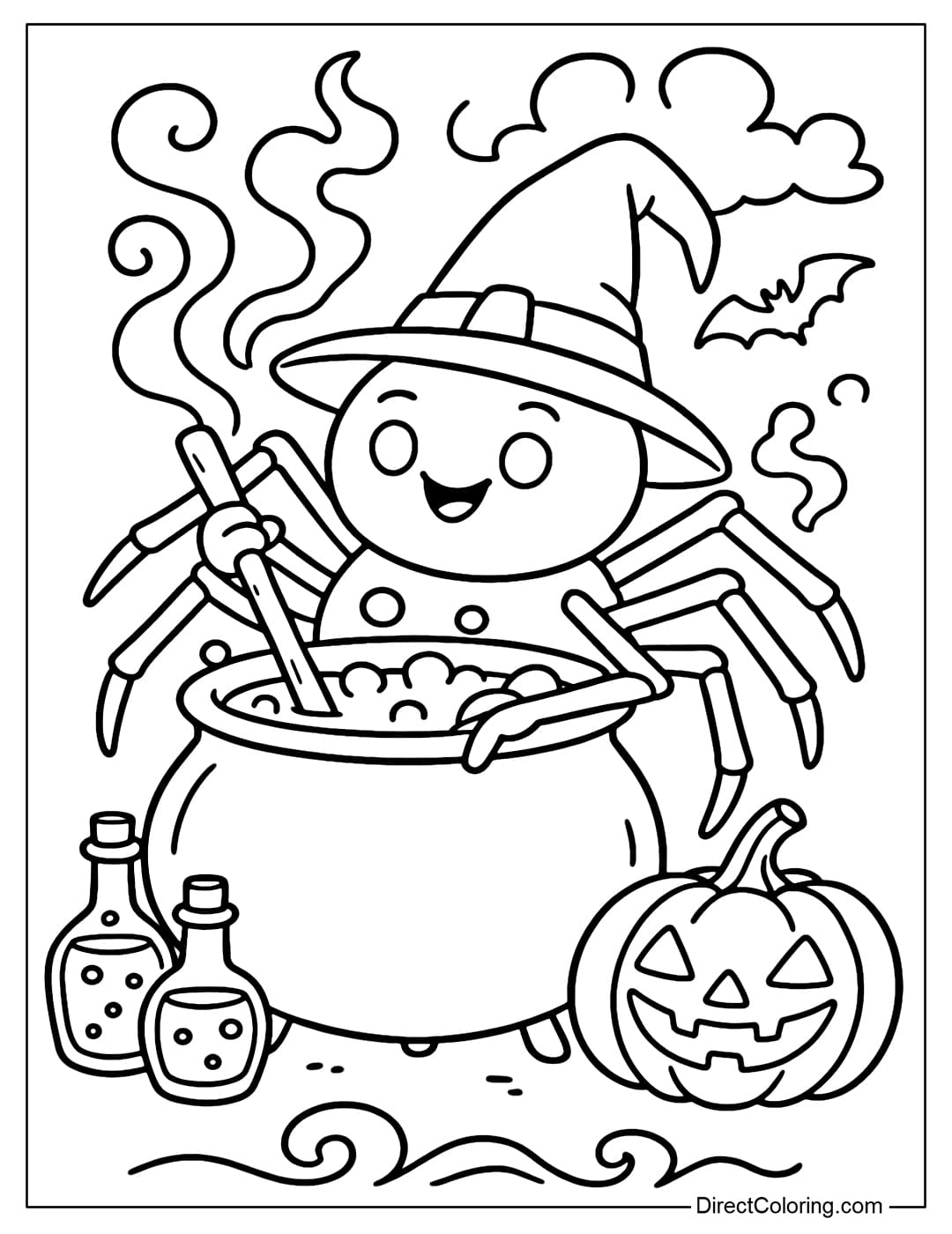 A witch spider coloring page stirring a giant potion, emitting a mysterious smoke, next to the potions and pumpkins grinning.
