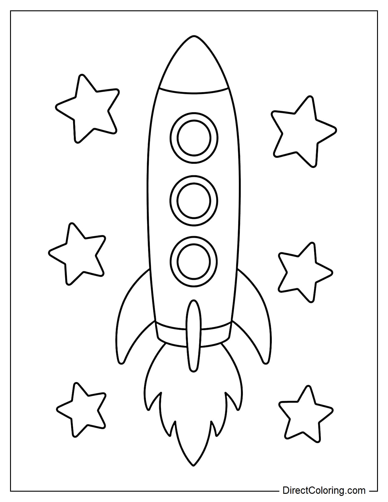 A tall rocket with three clearly visible round windows arranged vertically, a large flame at the bottom, and a few big stars on both sides.