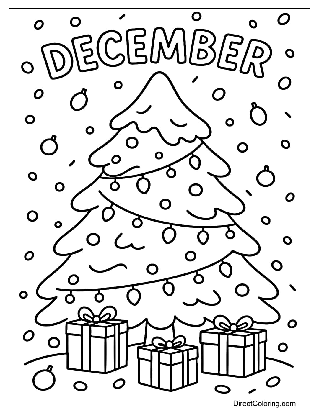 A snow-covered Christmas tree coloring page with the word December curled above it.