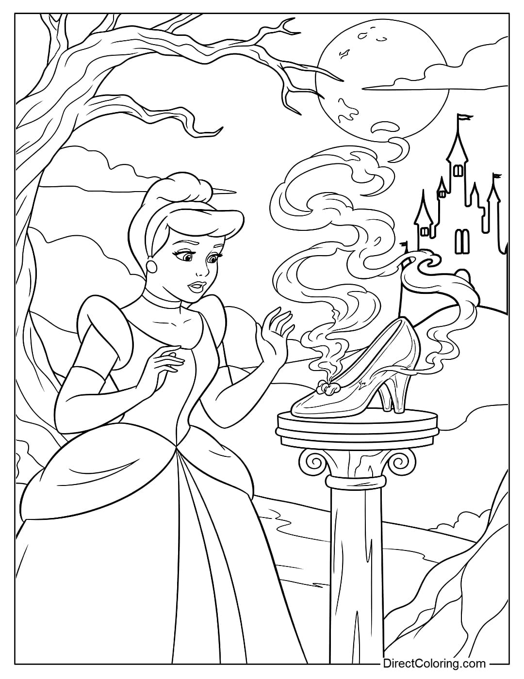 Cinderella coloring page looking at the haunted glass shoe emitting mysterious smoke.