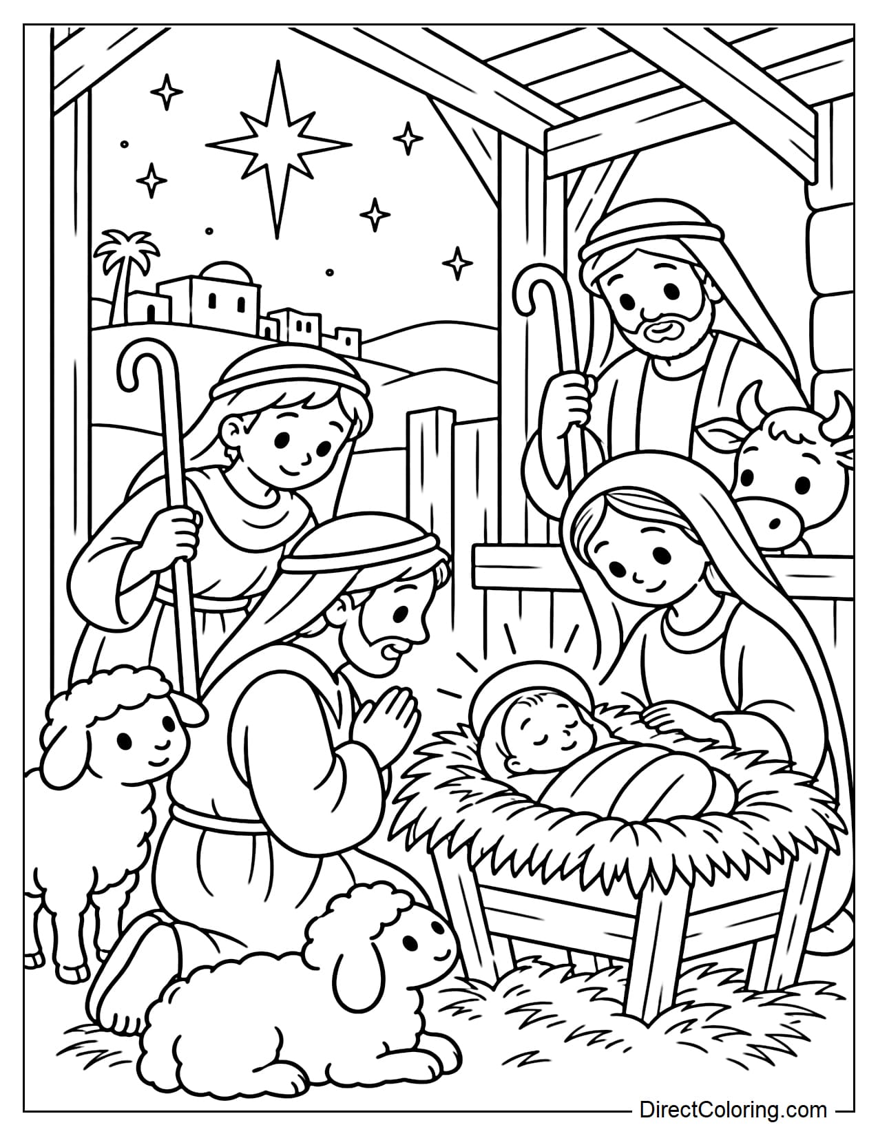 Shepherds visiting Baby Jesus, with one shepherd kneeling beside the manger and another standing behind him holding a staff, while a few little sheep stand near the stable entrance.