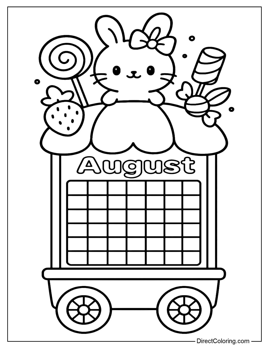 August calendar coloring page featuring a small candy cart, with the calendar on the front of the cart and a chibi bunny standing next to various candies on top.