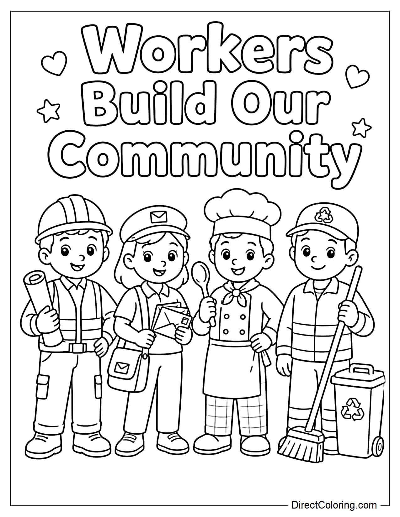 A small group of workers, including construction workers, mail carriers, cooks, and sanitation workers, stand side-by-side, with the large words 