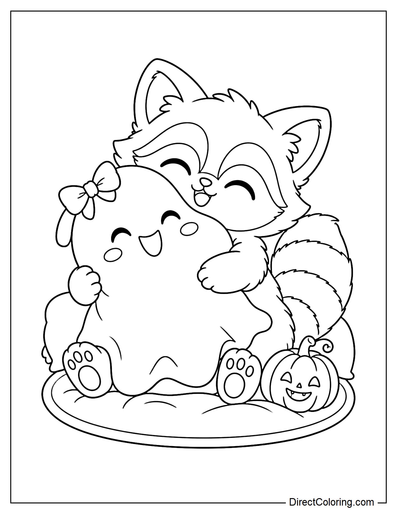 A cute little raccoon sits on an oval rug, tightly hugging an oversized ghost-shaped pillow, with a small pumpkin placed beside it.