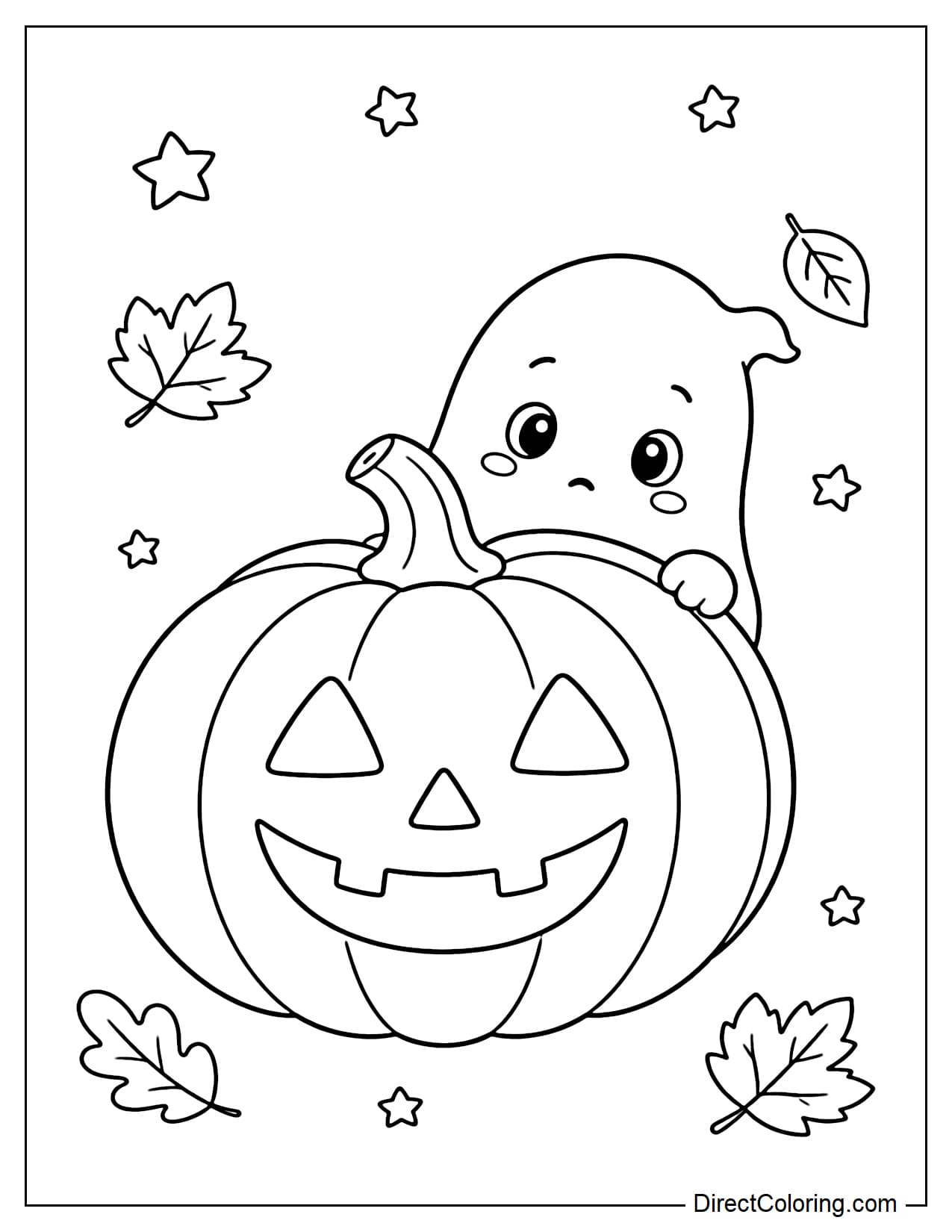 A small shy ghost peeks out from behind a large jack-o'-lantern, wearing a cute and slightly curious expression.