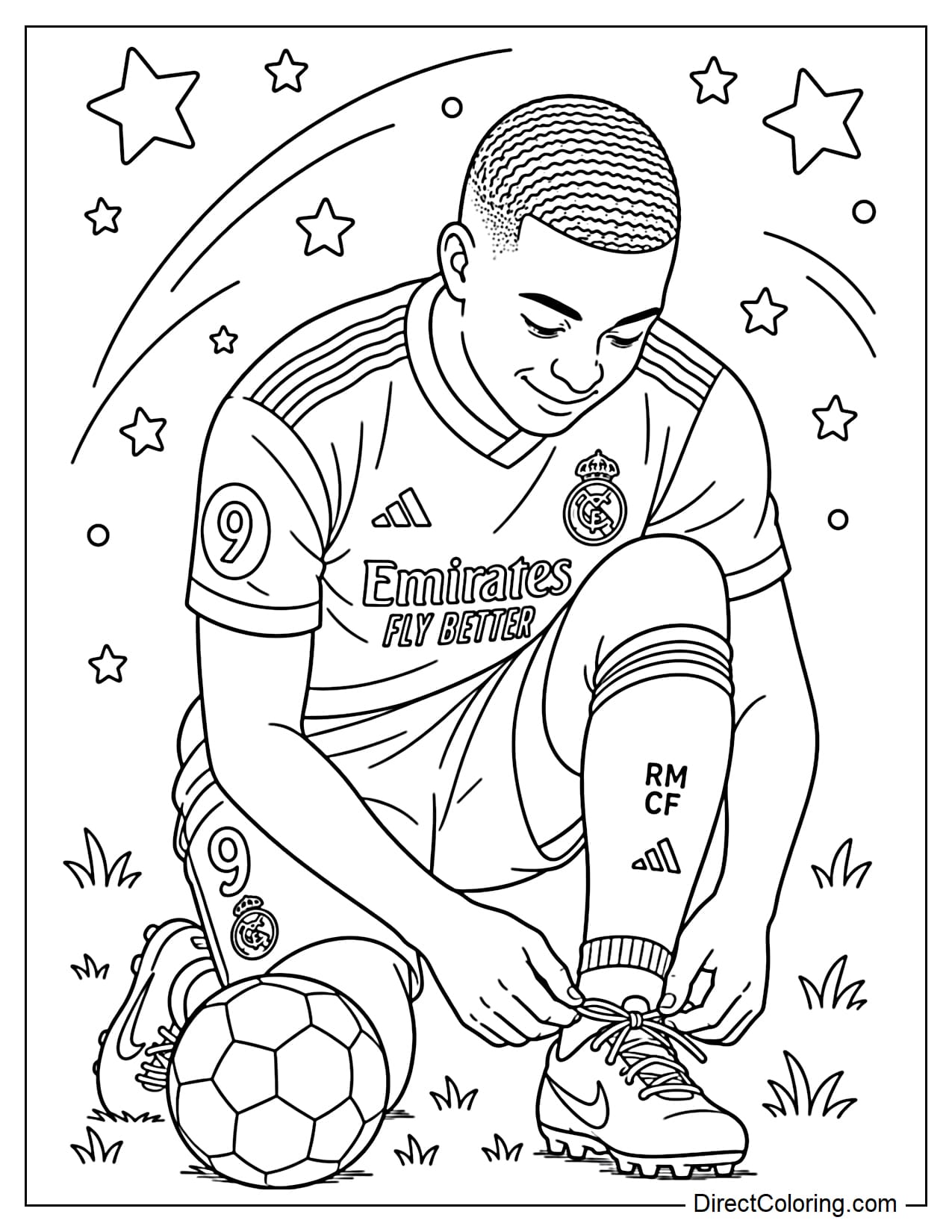 Kylian Mbappe bending down to tie his soccer shoelaces, with a soccer ball and some grass on the field beside him.