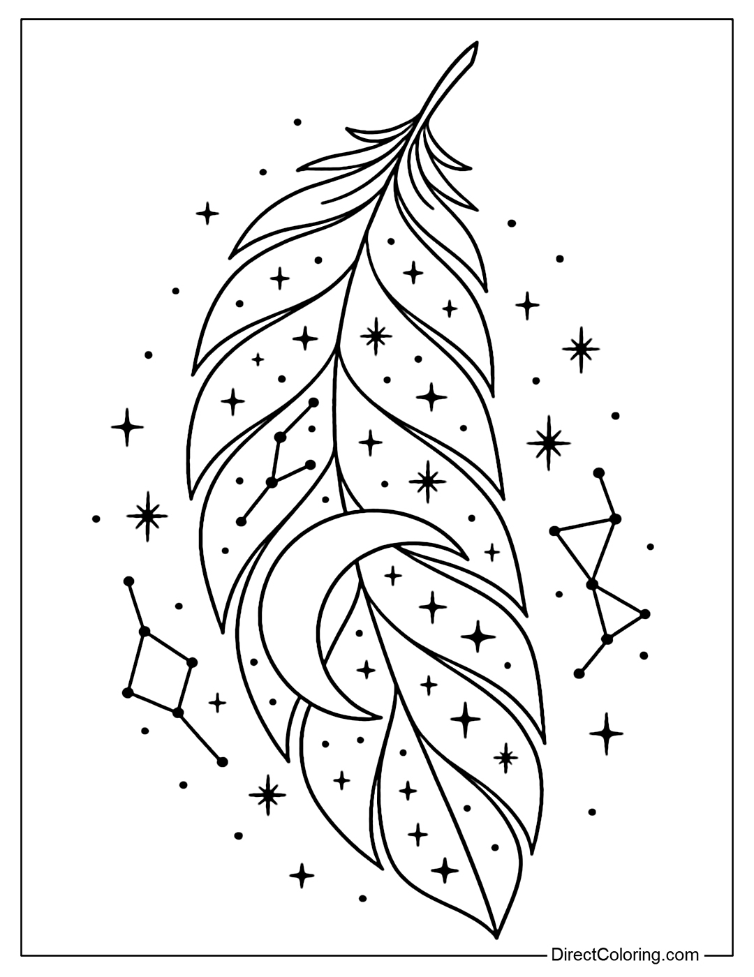 Feather coloring page decorated with moons and constellations.