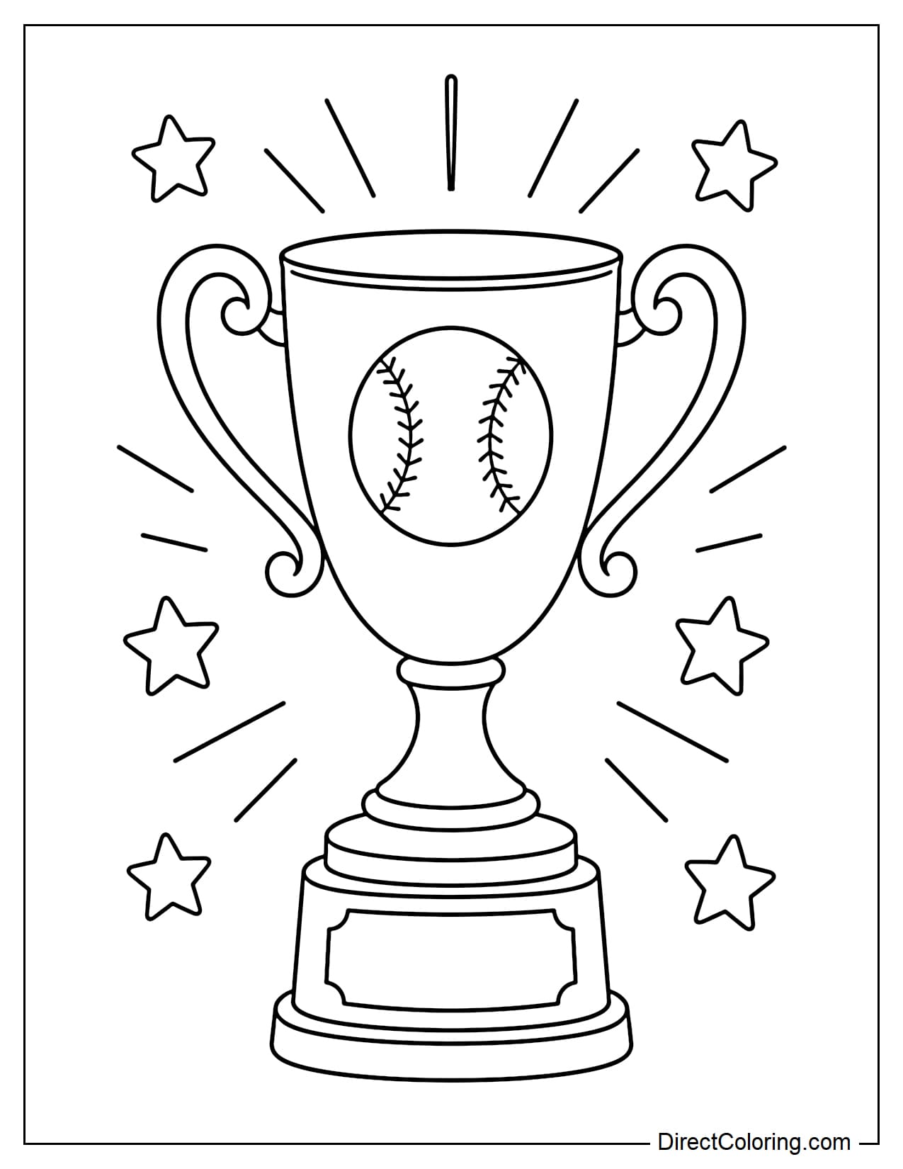 A tall, classic championship trophy with two symmetrical handles, the body of the trophy features a prominent baseball shape, surrounded by stars and rays of light.